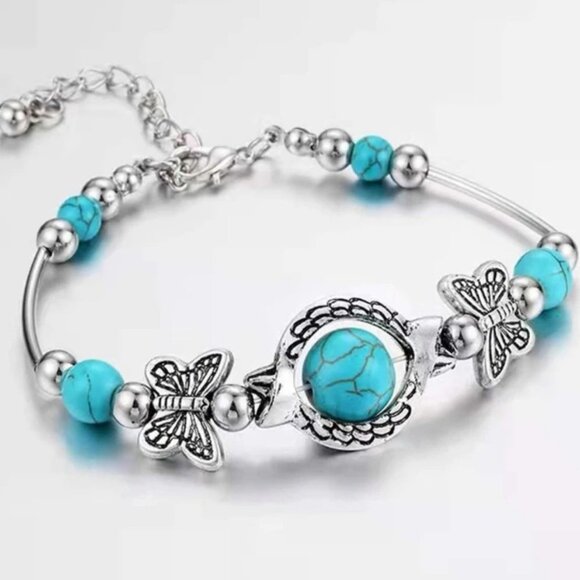 Dainty Feminine Silver Tone Faux Turquoise Butterfly Bracelet - Picture 3 of 5